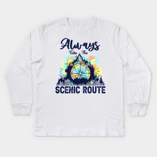 Always Take The Scenic Route Funny Adventure Hiking Camping Kids Long Sleeve T-Shirt